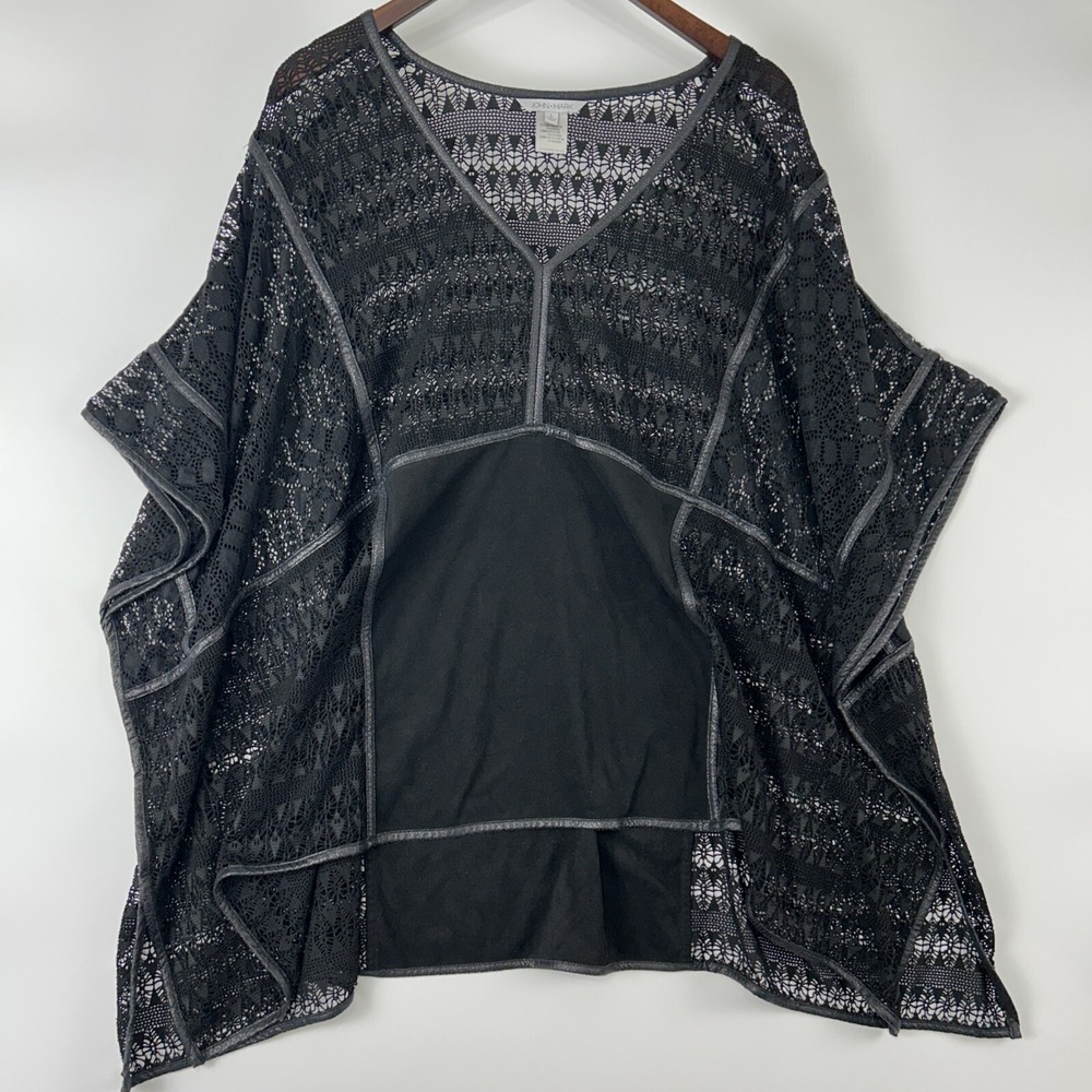 John Mark Womens Oversized Crochet Knit‎ Top Size L Leather Trim Black Babydoll